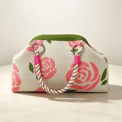 Women's Knitted Clutch Bag, Floral Pattern, Detachable Colorful Woven Handle, Elegant Half Moon Bag, Perfect for Daily Use, Travel, Shopping, Parties, Clutch Purse