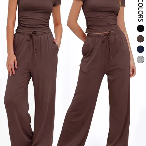2pcs/Set Women's Casual Ruched Short Sleeve T-Shirt and Loose Pants Set, Basic Outfits, Casual Everyday Set, Minimalist Loungewear Set, Comfortable and Stylish Clothing, Daily Wear, Summer Sets Casual