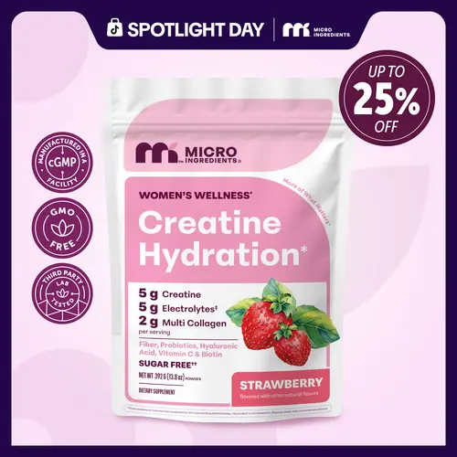 Micro Ingredients Creatine Hydration for Women (Strawberry Flavor) - 5g Creatine + 5g Electrolytes + 2g Collagen, with Fiber, Probiotics, HA, Vitamin C and Biotin - No Gluten, No GMO | 30 Servings