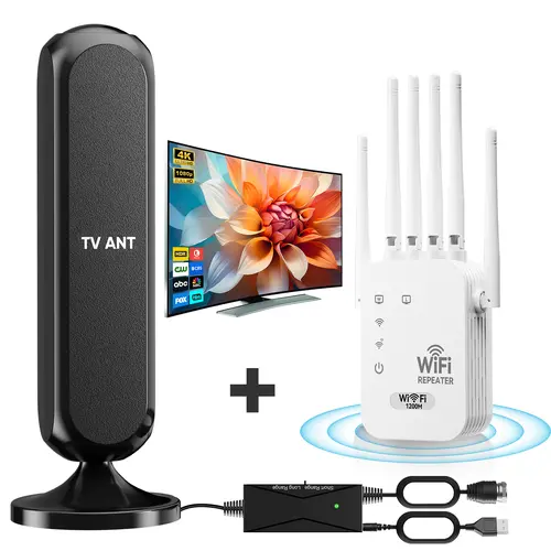 2026 New 2-in-1 TV Antenna + WiFi Extender Combo | 4K 1080P HD Digital TV Antenna for Free Local Channels + 1200Mbps WiFi Range Repeater Booster, Plug & Play, for Home/RV