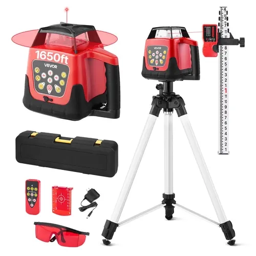 【toolupgrade】VEVOR Rechargeable Lighted Rotary Laser Level Kit, Father's Day Gift, 1650ft Reach 360-Degree Self-Leveling Red Horizontal Laser Transit with Tripod, Receiver, Remote, Scale, Toolcase, IP66 Waterproof, 0.80in/100ft Precision for Construction