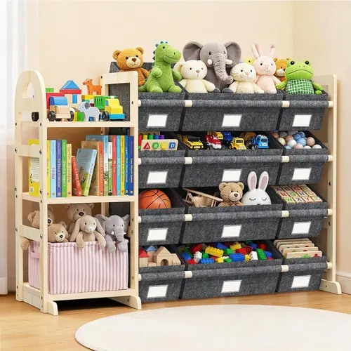 Toy Storage Organizer with 3 Shelves and 12 Bins, Bookshelf/Bookcase, Kids Bin Shelf, Toys Box for Playroom Organization for Bedroom & Room Summer Sale Deals