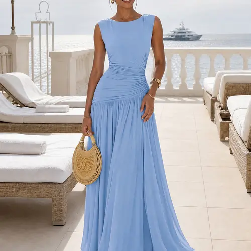 CurvySweet Juliette Women's Chic Sleeveless A-Line Maxi Dress - Backless Ruched Mesh Gown with Tummy Control Tie, Baby Blue Elegant Formal Wedding Guest Gown for Women, Maxi Dress For Women, Elegant Formal Dresses,sohochic