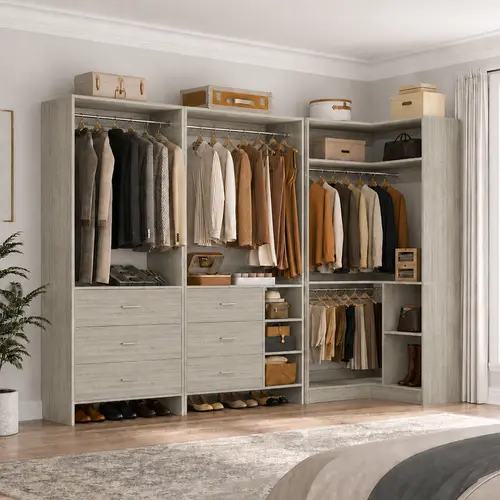Modular Corner Wardrobe System Set with Wooden Drawers, Hanging Rods, Adjustable Shelves - Bedroom Armoire Closet, High Freestanding Unit, Entryway Closet Storage, Clean Look, Small Room Ideas, Requires Setup, Above 25 kg
