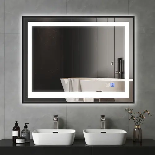 Black Framed Rectangle LED Bathroom Mirror with Led Lights, Anti-Fog, Dimmable, Adjustable Wall-Mounted Vanity Mirror with Front & Backlit Ambient Lighting Effect, 3 Color Temperature, Power-Off Memory Function for Bathroom, BackToSchool, Wall Mount,sohoc