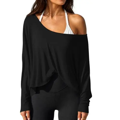Fisoew Womens Off the Shoulder Tops Oversized Batwing Long Sleeve Workout T Shirts Asymmetrical Casual Tee