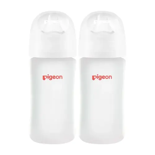 Pigeon Silicone Coating (Glass Inside/Silicone Outside) Baby Bottle, Wide Neck, Streamlined Body, Natural Feel, Easy to Clean, Heat-Resistant, 8 Oz (Pack of 2), Includes 2 pcs M Nipples (3m+)
