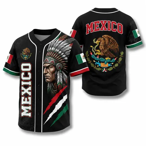 Men's Pearl Weave Vintage Buttonup Fashion Jersey - Mexico-Themed Retro Baseball Sports Top, Tailored Fitted Stretch Breathable Quick-Dry Fabric, Bold Eagle Flag Aztec Warrior Print, Multi-Size (XL, 3X) for Team Events