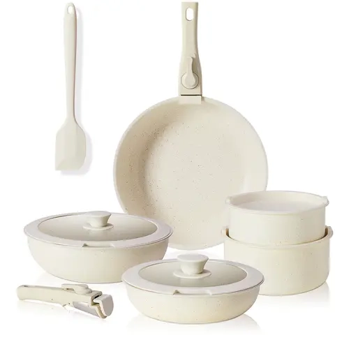 12 Pcs Pots and Pans Set, White Granite Nonstick Cookware Sets Detachable Handle, Stackable Induction Kitchen Cooking Set, Stain & Scratch-resistant