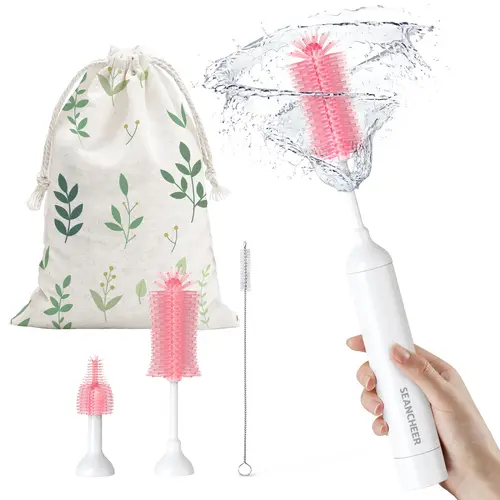 SEANCHEER S02 Electric Bottle Cleaning Kit - Non-Toxic Silicone Head Multi-Brushes, AA Battery-Powered, IPX7 Waterproof, Portable for Home & Travel (Baby Items),sohochic