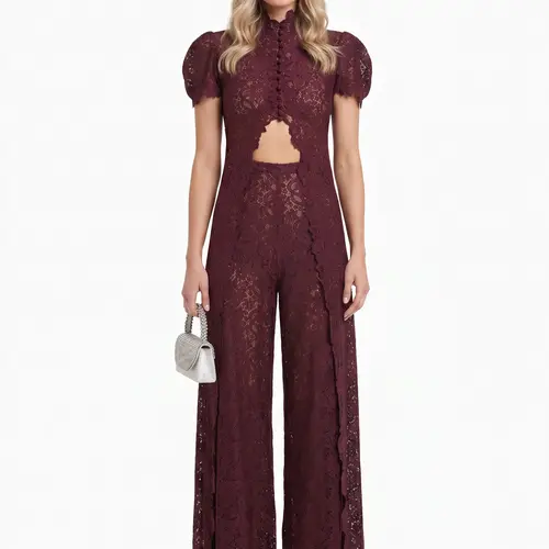 LikeMyChoice 2026 Women's Lace 2-Piece Gamis Set - High Neck Cutout Maxi Top Wide Leg Pants Elegant Formal Party Outfit Lightweight