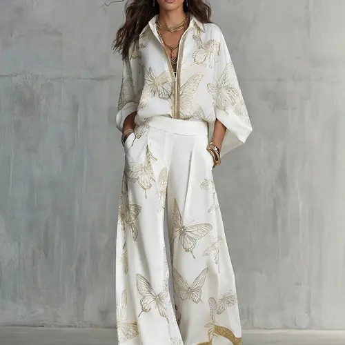 LikeMyChoice 2026 Butterfly Print Women's 2-Piece Set Elegant Vacation Outfit with Shirt & Wide Leg Pants Womenswear Suits
