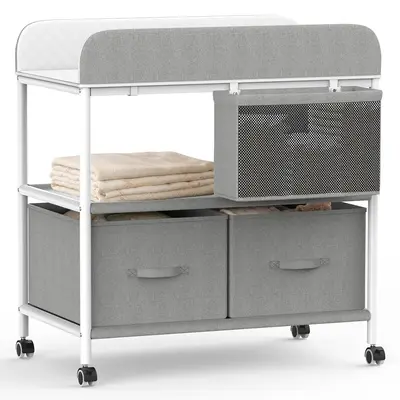 Portable Unisex Baby Changing Table with Wheels - Metal Frame, Adjustable Multifunctional Nursery Organizer with Spacious Fabric Storage Baskets, Waterproof Pad, 31.5” L x 17.72” W, 360 Degree Rotatable for 0-3 Years, Reinforced Metal#sohochic