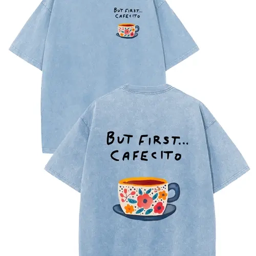 Women's Vintage Acid Washed H-Type Graphic T-Shirt - Casual Coffee Print Short-Sleeve Drop Shoulder Round Neck Top - Trendy Graphic Shirts, Everyday Tops, Basics for Thanksgiving, Back to School,sohochic
