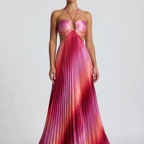 LikeMyChoice 2026 Halter Cutout Ombre Pleated Maxi Dress - Satin Party Vacation Gown