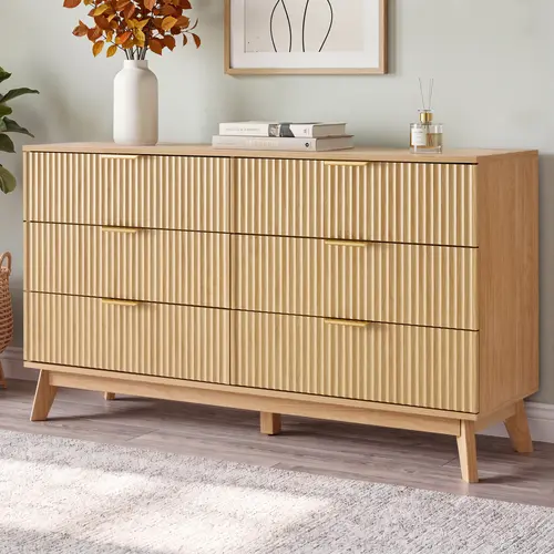 Fluted Dresser with 6 Drawers, Modern Wooden Chest of Drawers with Metal Handles & Large Storage, Mid Century Dresser TV Stand for Bedroom, Living Room, Hallway