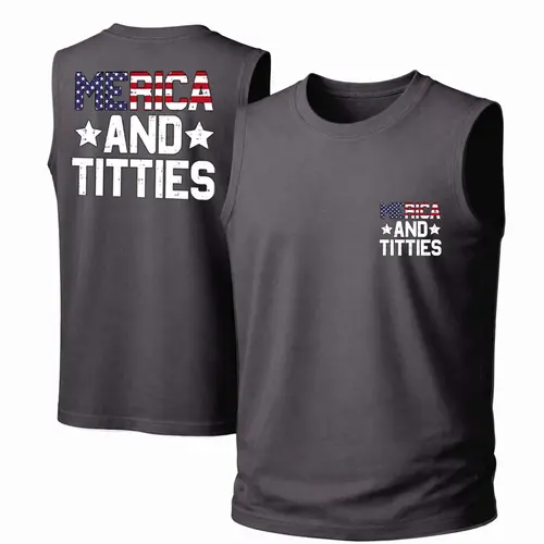Men's Cotton Sleeveless Tank Top - "“Merica And Titties”" — Punk Printed Style. This Is A Casual Item Suitable For Both Men And Women, Especially Perfect For Spring And Summer; The Cool Print And Classic Crew Neck Cut