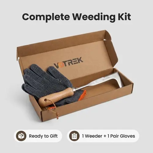 VOTREK Garden Weeding Kit - 3-Edge Stainless Steel Crevice Weeder Tool with Reinforced Handle, 1 Pair of Weeder Gloves for Work, Garden Accessories for Sidewalk Paver Seams Driveway, Practical Gifts for Gardeners, 1 Set