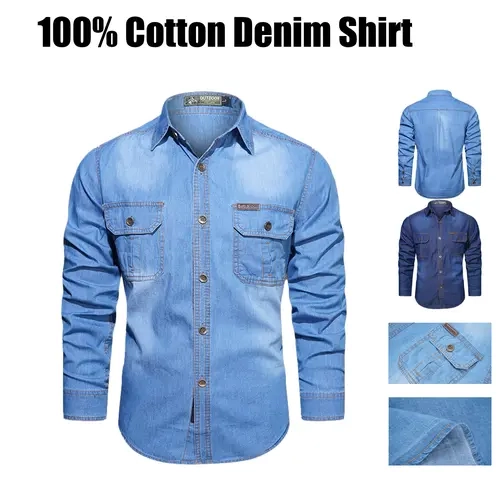 Men’s Washed Pure Cotton Collared Long-Sleeve Denim Work Shirt - Breathable, Multi-Pocket, Outdoor Wear Menswear Top for Casual Use, Long Sleeve Shirt Stylish,sohochic