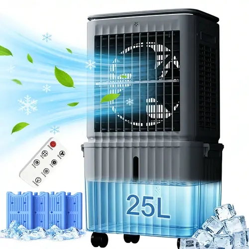 SPZTJK Windowless Evaporative Air Cooler - 25L Large Capacity Portable Floor Fan, 3 Speeds, 12H Timer, Remote Control, Remote Control Holder, Energy-Efficient Quiet Ice Mist Unit for Bedroom, Stay Cool, Energy Efficient Living, How to Cool Your Room Down