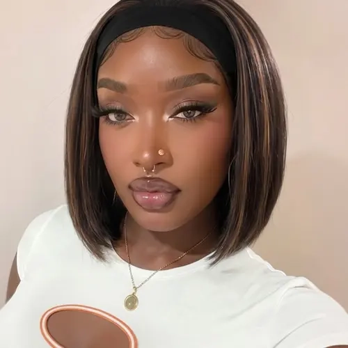 Short Headband Wig, Highlight Brown Wig for Women, Straight Bob Wig, 10/14 Inch Headband Wig, Wear and Go Glueless Wig, Party Wigs, Synthetic Wig for Parties & Daily Use