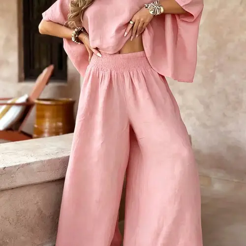 Women's Ultra-Loose Oversize Two-Piece Set, Oversized Casual Chic Vacation Laid-Back-Style Top and Wide-Leg Pants, Comfortable and Stylish for Relaxing Days