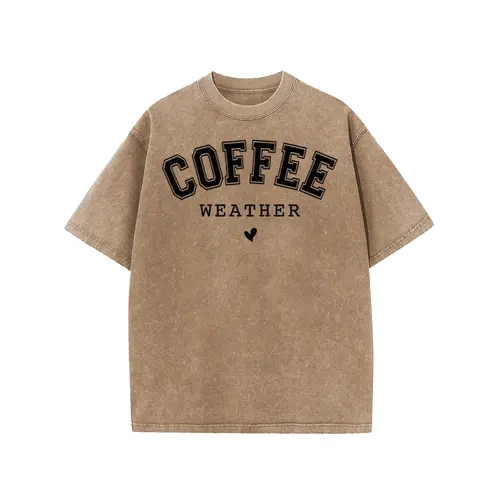 Women's Oversized Baggy Street Fit Acid Washed Short Sleeve Graphic T Shirt [S 5XL] Coffee Print, Drop Shoulder, Round Neck, Everyday Comfort, Casual Wear, Viral Tops, Instant Style Piece,sohochic