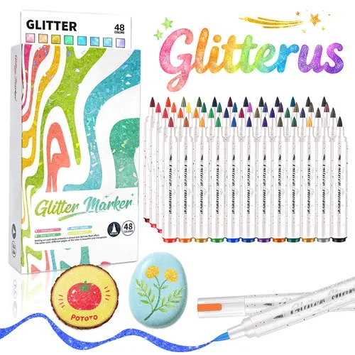 Glitterus Jumbo Art Marker Set - 12/24/36/48 Packs, Adjustable 1-8mm Fiber Brush Nib, 3x Extra Large Ink Capacity, Super High-Shine Glitter Pigment, Bright Glitter Effect, All Ages Office Stationery Supplies for Coloring, DIY Crafts