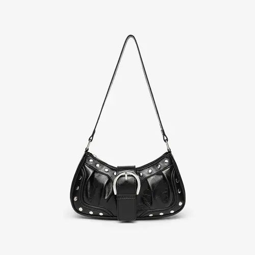 Retro Studded Buckle Ruched Faux Leather Shoulder Bag for Women, Casual Underarm Handbag, Daily Commute Streetwear Party Fashion Bag