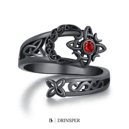 DRINSPER Women's Witch's Knot Ring - Dark Silver Plated Copper, Red Cubic Zirconia, Adjustable Open Band Fits Size5-10, Goth Funky Dark Aesthetic Costume Jewelry Accessories Gift, Dark Aesthetic Rings