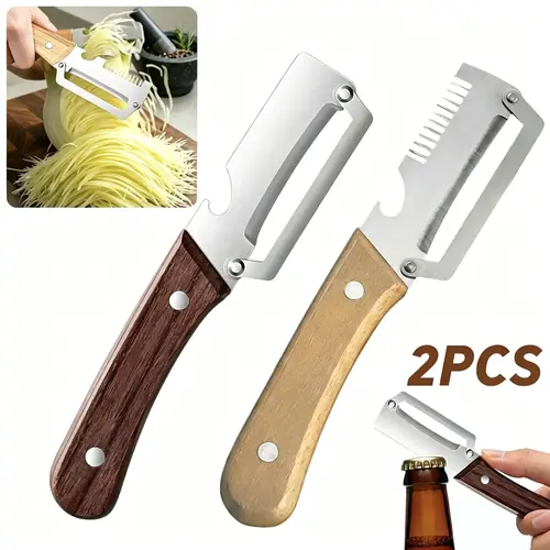 2PCS 2-in-1 Vegetable Peeler with Bottle Opener, Sharp Stainless Steel Blade, Ergonomic Wooden Handle, Peel and Slice Dual Use, Versatile Kitchen Tool for Apple Potato Pumpkin Papaya Carrot Zucchini,sohochic