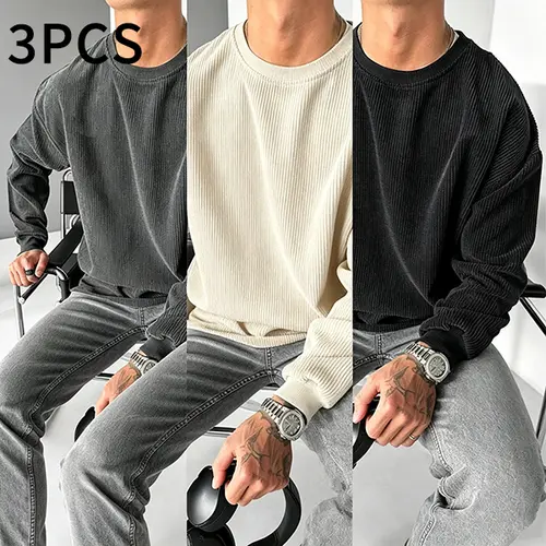 SPEEALER Menswear 3-Pcs Men's Corduroy Crew Neck Sweatshirts, Longsleeves, Loose Fit, Pullover, Stylish Casual Solid Tops for Autumn/Winter