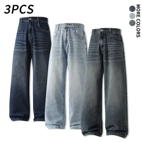 SPEEALER Men's 3pcs Vintage Wash Wide Leg Denim Pants, Menswear Loose Fit 90s Denim Jeans, Sporty Elegant Casual Streetwear Trousers