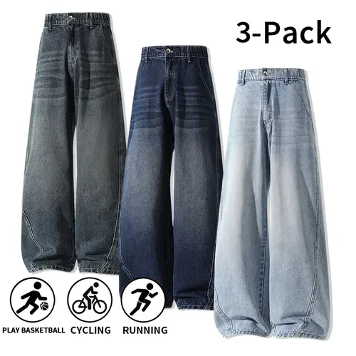 3‑Pack Men’s Baggy Wide‑Leg Jeans, Vintage Washed Denim, Loose Relaxed Fit, High Waist Streetwear Denim Pants for Everyday Casual Outfits