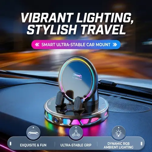 Wireless Charging Car Phone Mount, 360° Rotatable Holder with RGB Light, USB Powered, Auto-Lock & Strong Vacuum Suction for Windshield & Dashboard-YY