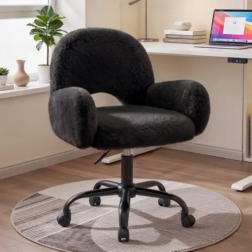 Raybee Faux Rabbit Fur Vanity Chair - Office Furniture, Computer Desk Chair, Study Furniture, Modern Decorative Piece with Back, Arms, Wheels, Gas Lift Height Adjustment for Makeup Room, Home Office