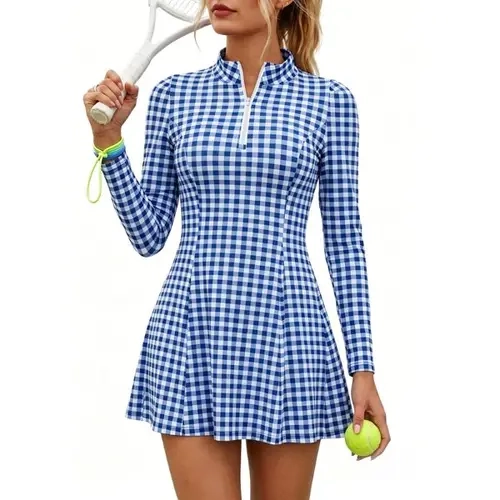 Fisoew Women's Long Sleeve A-Line Activewear Athletic Dress - Quarter Zip, Gingham & Argyle Print, Built-in Shorts, Pockets, Knee Above, All Seasons for Tennis, Golf,sohochic
