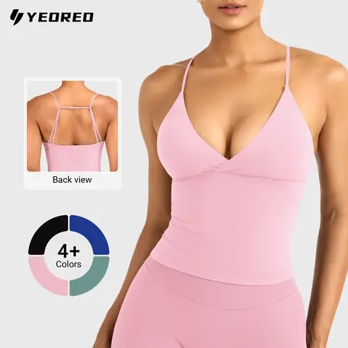 YEOREO Women's Twist Front Longline Workout Tank Top Straps with Bra Pads Summer Seamless Camisole Shirts summderfinds sohochic