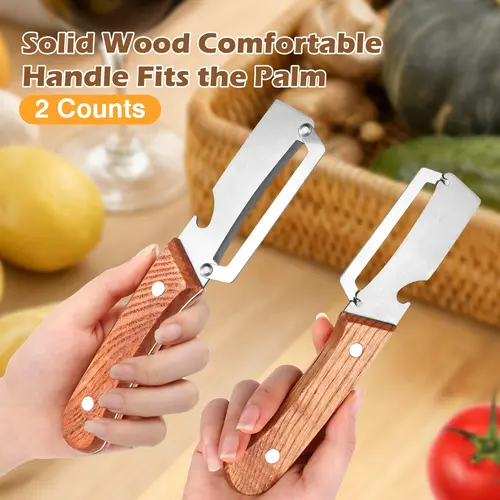Wooden-Handled Vegetable Fruit Utensils Peeler - Stainless Steel Blade for Smooth Peeling, Ergonomic Kitchen Utensils & Tools and Gadgets with Built-In Bottle Opener