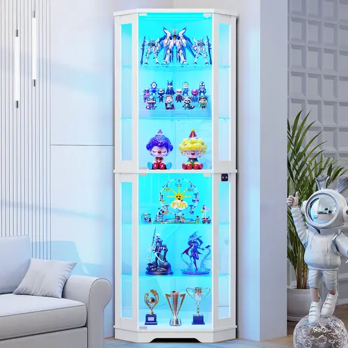 MIIFUNY 71" Corner Display Cabinet with Glass Doors, 6 Tier Curio Cabinet with 3 LED Lights & Glass Shelves, Human Body Sensor, Showcase Display Case for Collectibles, White