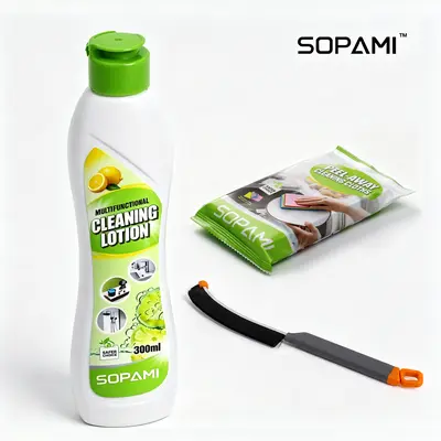 SOPAMI 300ml Plant-Based All-Purpose Multi-Surface Cleaning Supplies Kit, EPA Safer Choice Certified, Tough on Stains, Gentle on Skin, with Reusable Microfiber Cloth & Crevice Brush, Fresh Lemon Fragrance