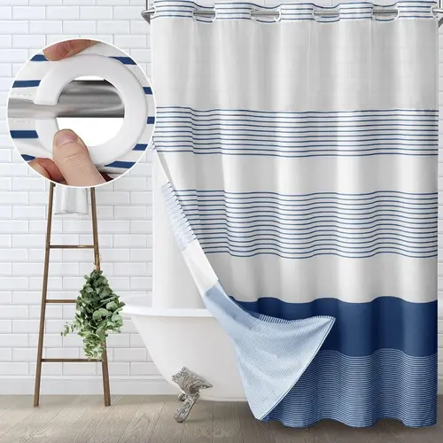 Striped Geometric Double-Layer No Hook Shower Curtain, Mesh Top Window, Hook-Free Design, Easy Installation, Farmhouse, Hotel, Modern Home Decoration, 72x75in