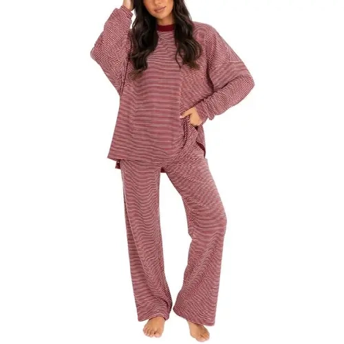 Fisoew Women's 2 Piece Striped Cotton Lounge Set Long Sleeve Round Neck High Waisted Wide Leg Pants Loose Oversized Soft Casual Everyday Style Fall 2026 Fashion Sleepwear SohoChic