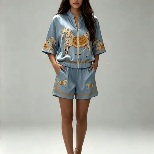 LikeMyChoice 2026 Dual Color Year of the Horse Print Satin 2-Piece Set, Black Luxury Zip-Up Top & Shorts Loungewear