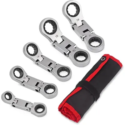 5-PCS Stubby Handle Wrench Tool Set, Flex Head Ratchet Spanner Set, 72-Tooth Mechanic Tools with Quick Release for Sockets, Metric Combination Wrenches for Tight Spaces,toolupgrade