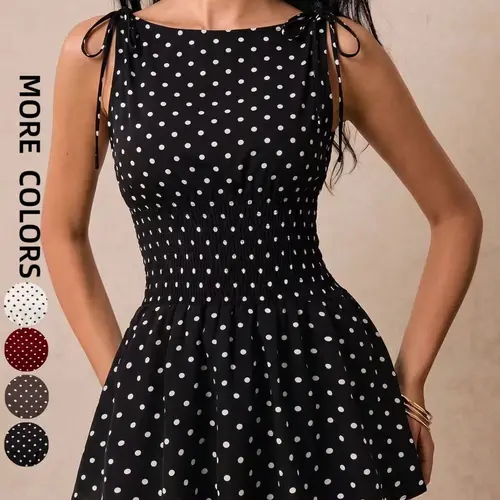 Women's Spring Summer French Style Chic Polka Dot Sleeveless Dress, Butterfly Knot Waist Tie, Slim Fit Casual Office Wear, Mini Dress for Daily Use