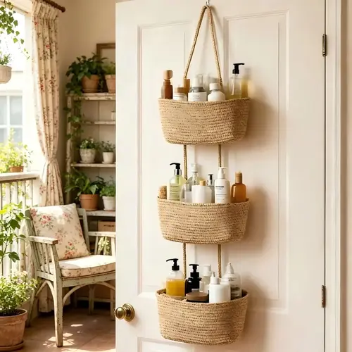3-Tier Woven Cotton Over-the-Door Hanging Wall Basket - Jute Home Organizer for Dorm Room Storage, Decorative Room Accessories, Baby Wipes & Light Toys, Natural Feel, Warm Charm, Storage Organization Solution