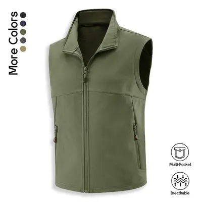 Men's Versatile Outdoor Vests, Breathable Performance Softshell Waistcoat with Multiple Pockets, Comfortable Stand Collar Lightweight Body Warmer Pack
