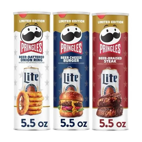 Limited Edition Pringles Miller Lite Bundle of 3- Beer Batter Onion Rings, Beer CheeseBurger, & Beer Braised Steak