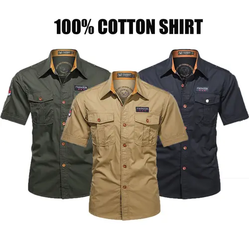 1-pack men’s casual pure cotton work short-sleeve shirt, wear-resistant, breathable, multi-pocket design, suitable for outdoor activities and commuting.
